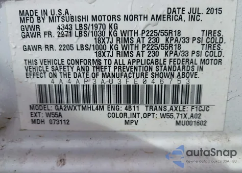 2015 Mitsubishi Outlander Sport Es z USA, uszkodzony, nr VIN 4A4AP3AU3FE046753